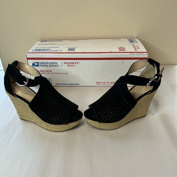 Marc Fisher Helyda Espadrille Black leather Suede Perforated Wedge 5.5 - Picture 1 of 7